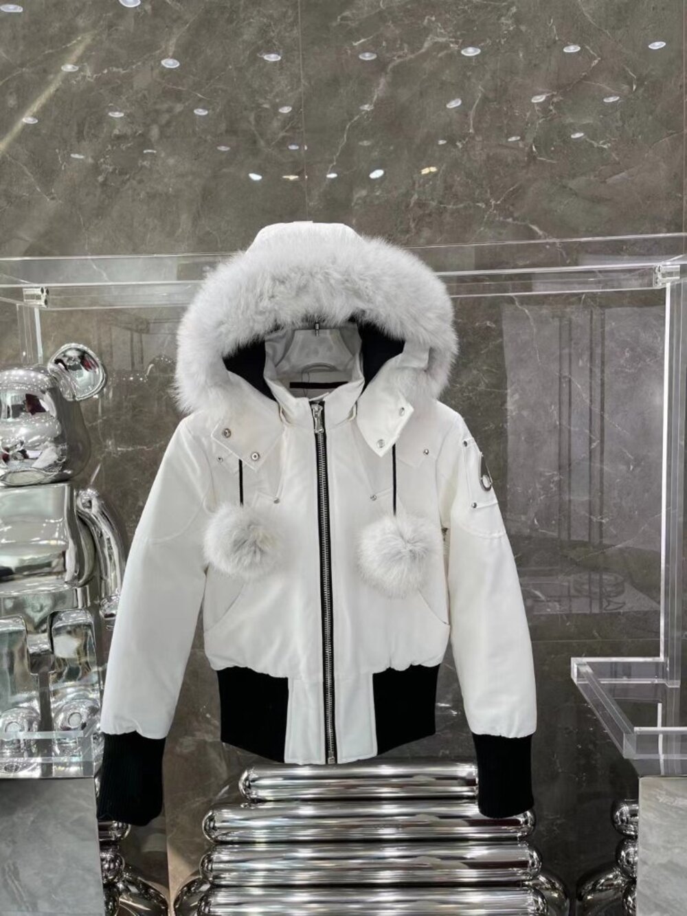 Moose Knuckles White Fur Hood Cropped Bomber Jacket